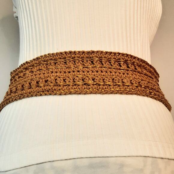 Boho Lux Golden Brown Crochet Belt Medium Waist Jumbro Statement Wrapped Buckle - Picture 3 of 11